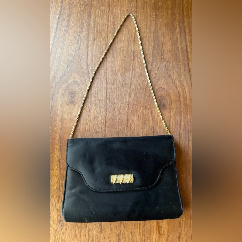 Vintage Miss Lewis Black Satin Evening Clutch Gold Chain Strap 1960s